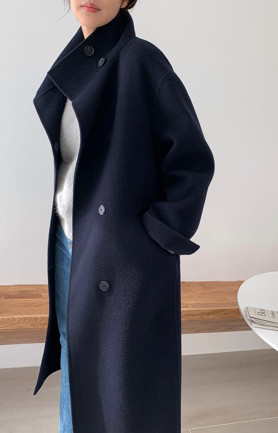 Hand made羊毛大衣. 高領大衣 midnight navy |HM241102