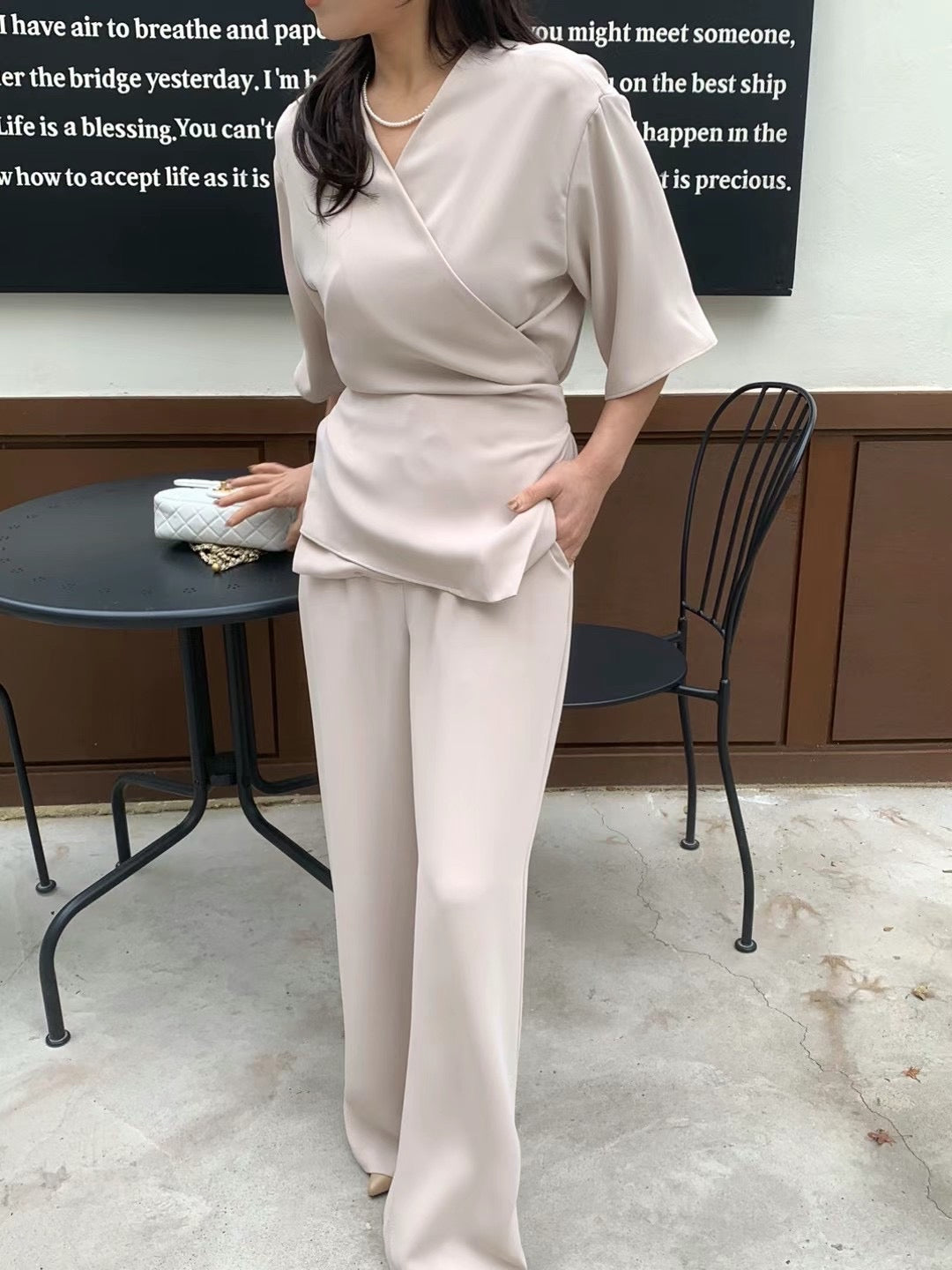 Lady boss V領交叉綁帶質感兩件式套裝,set01112