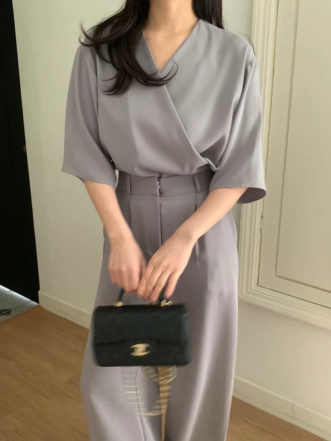 Lady boss V領交叉綁帶質感兩件式套裝,set01112