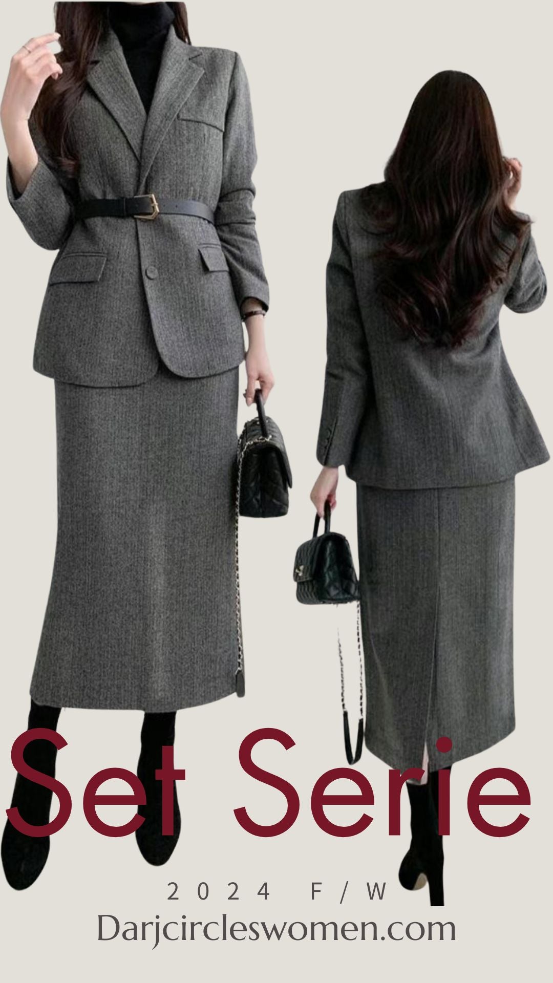 質感腰帶兩件式毛料西裝裙套裝|SUIT241106