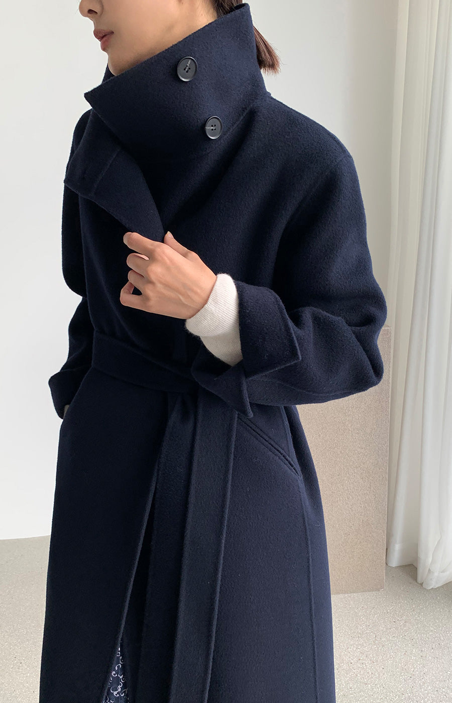 Hand made羊毛大衣. 高領大衣 midnight navy |HM241102
