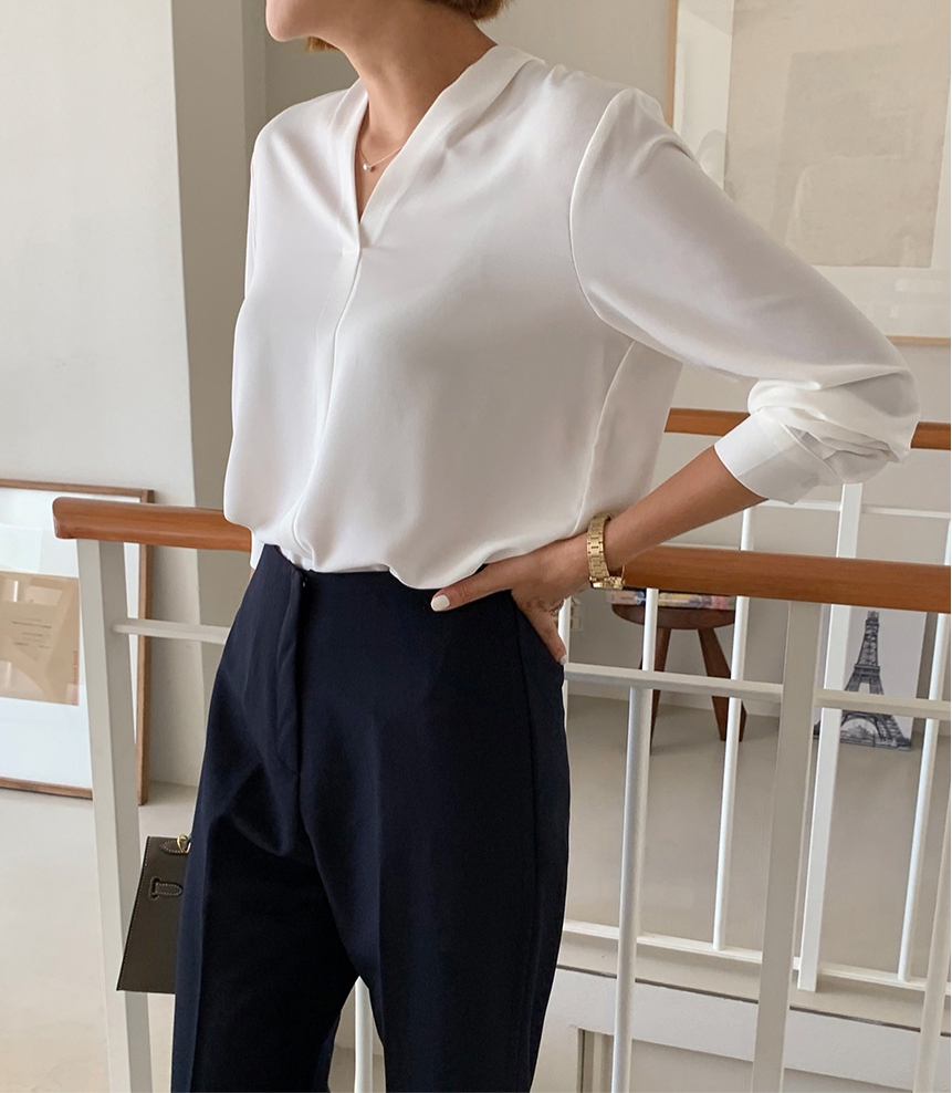 Lena Shirt 簡約v領素色長袖上衣,TOP040701