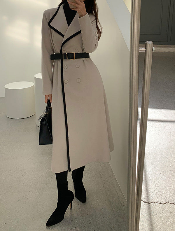 撞色滾邊毛呢腰帶洋裝,Cookie Coat One Piece Pink,DC10