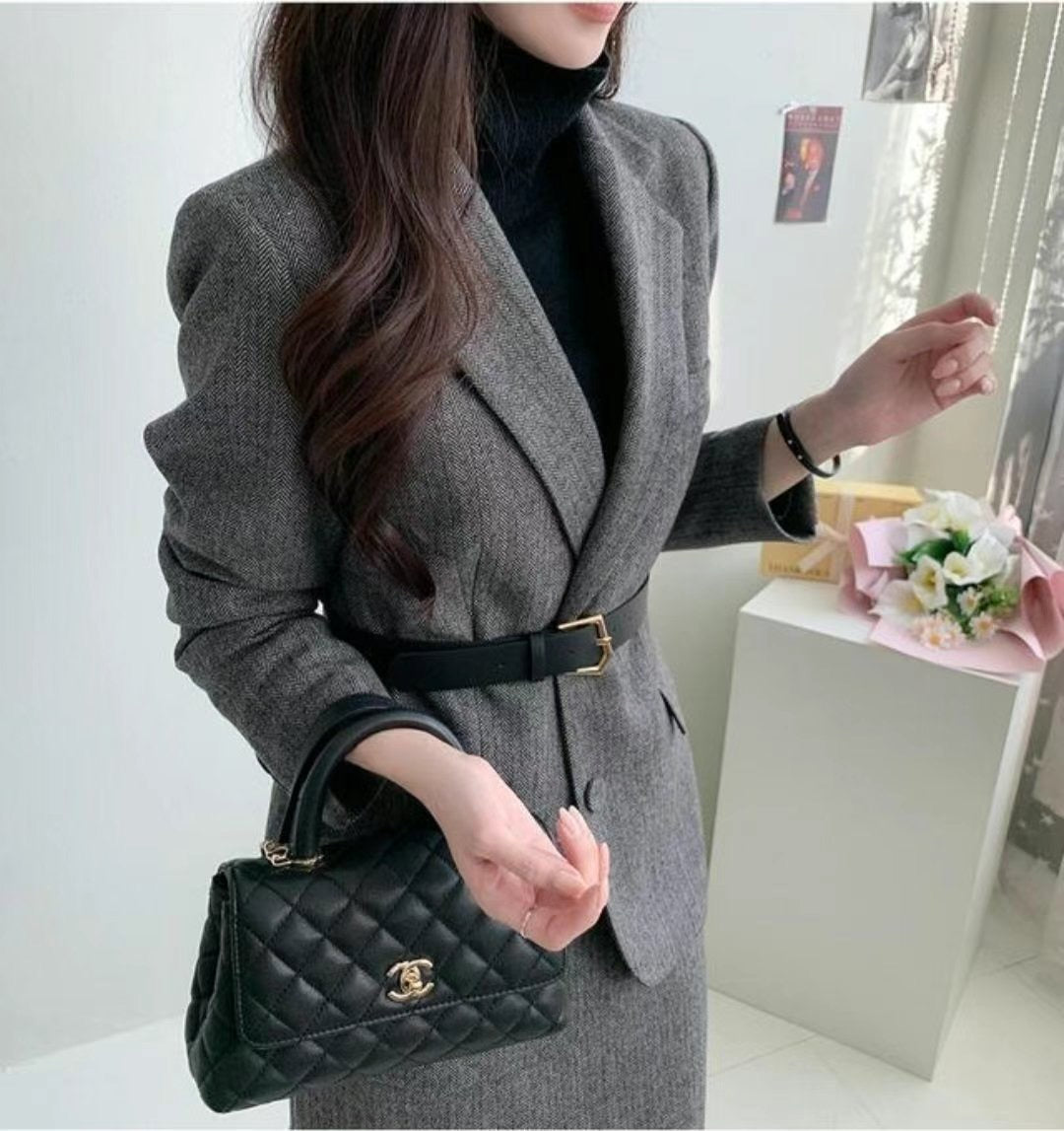 質感腰帶兩件式毛料西裝裙套裝|SUIT241106