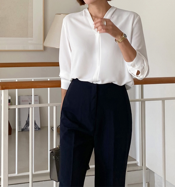 Lena Shirt 簡約v領素色長袖上衣,TOP040701