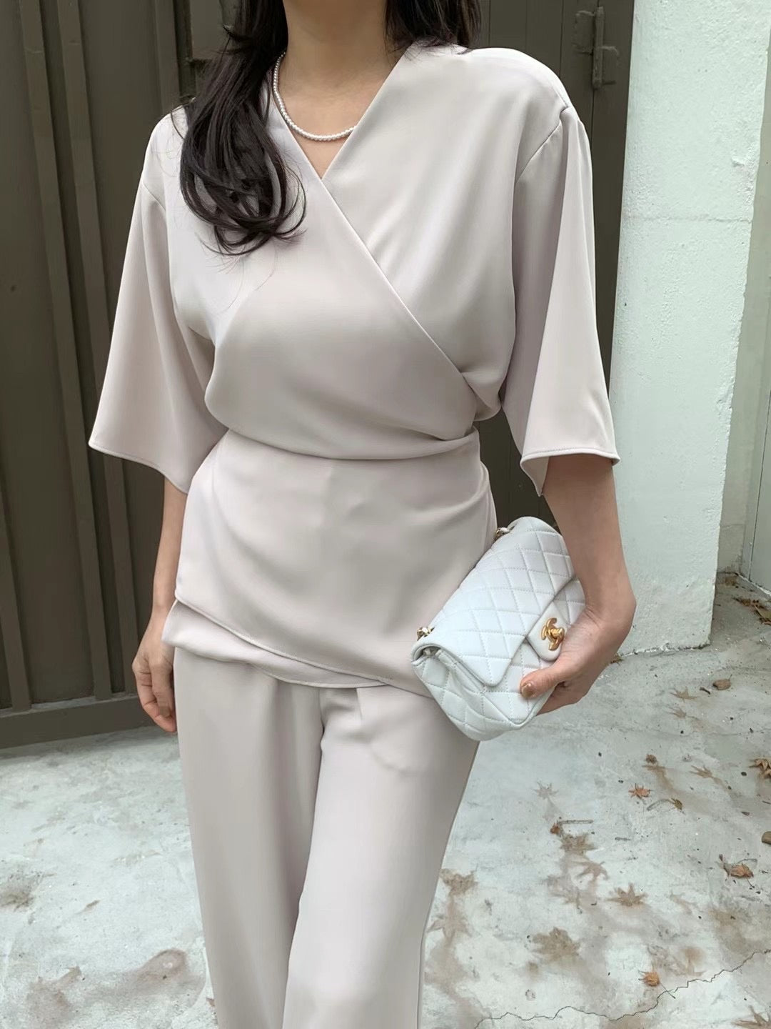 Lady boss V領交叉綁帶質感兩件式套裝,set01112
