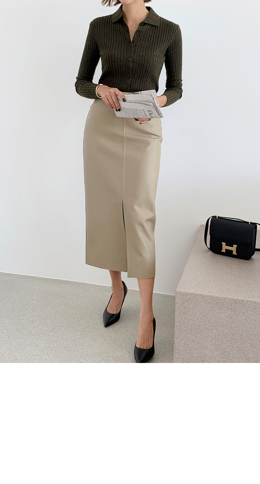 簡約前開岔半身皮裙|sk241101