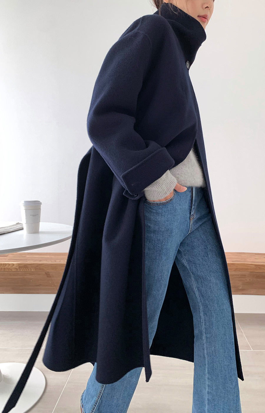 Hand made羊毛大衣. 高領大衣 midnight navy |HM241102