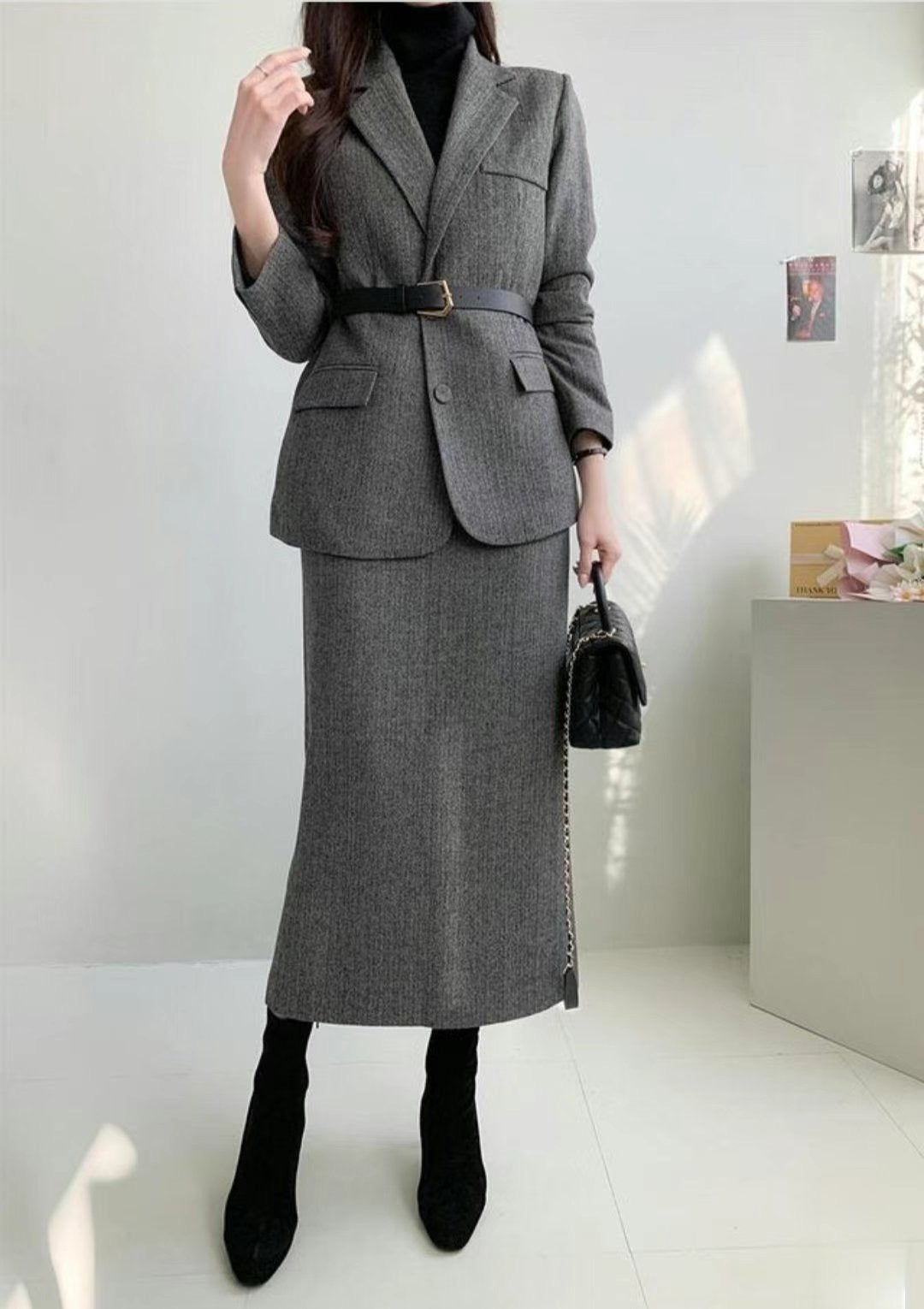 質感腰帶兩件式毛料西裝裙套裝|SUIT241106