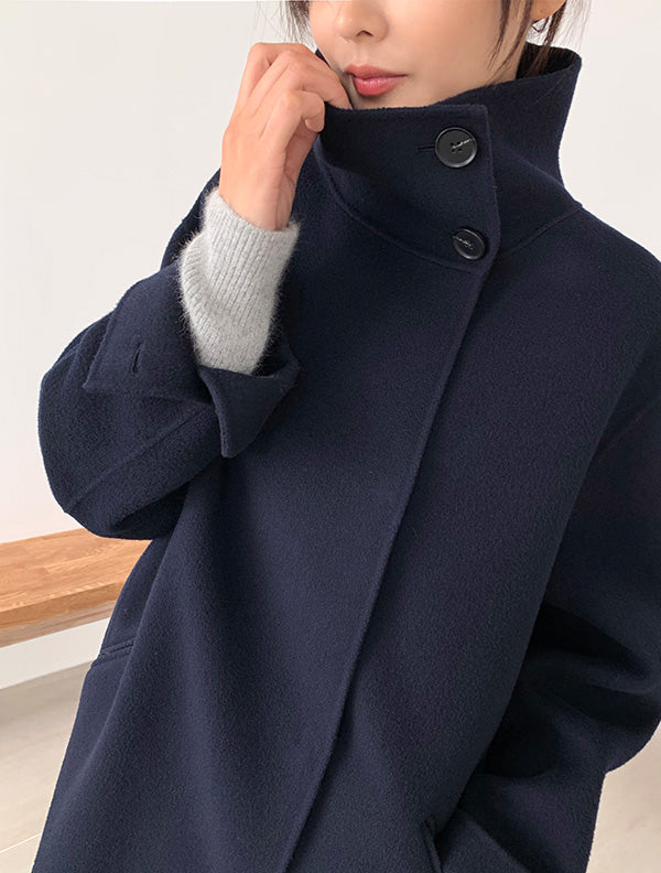 Hand made羊毛大衣. 高領大衣 midnight navy |HM241102