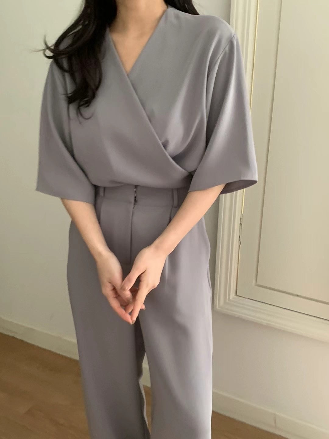 Lady boss V領交叉綁帶質感兩件式套裝,set01112