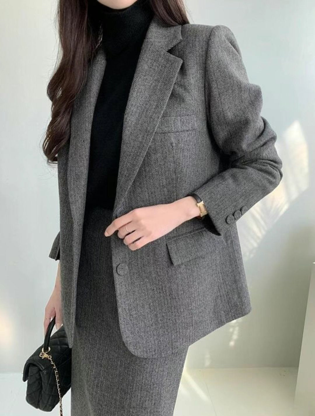 質感腰帶兩件式毛料西裝裙套裝|SUIT241106