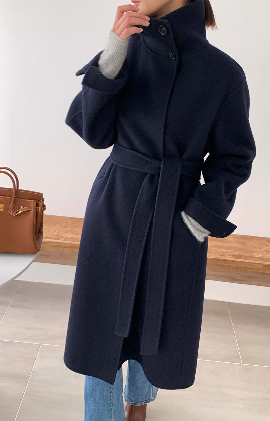 Hand made羊毛大衣. 高領大衣 midnight navy |HM241102