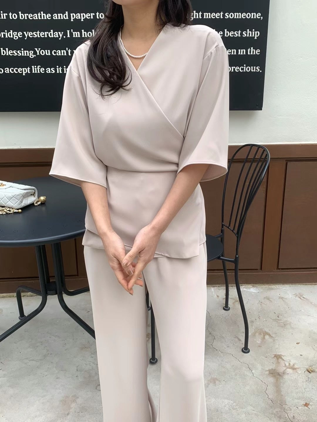 Lady boss V領交叉綁帶質感兩件式套裝,set01112