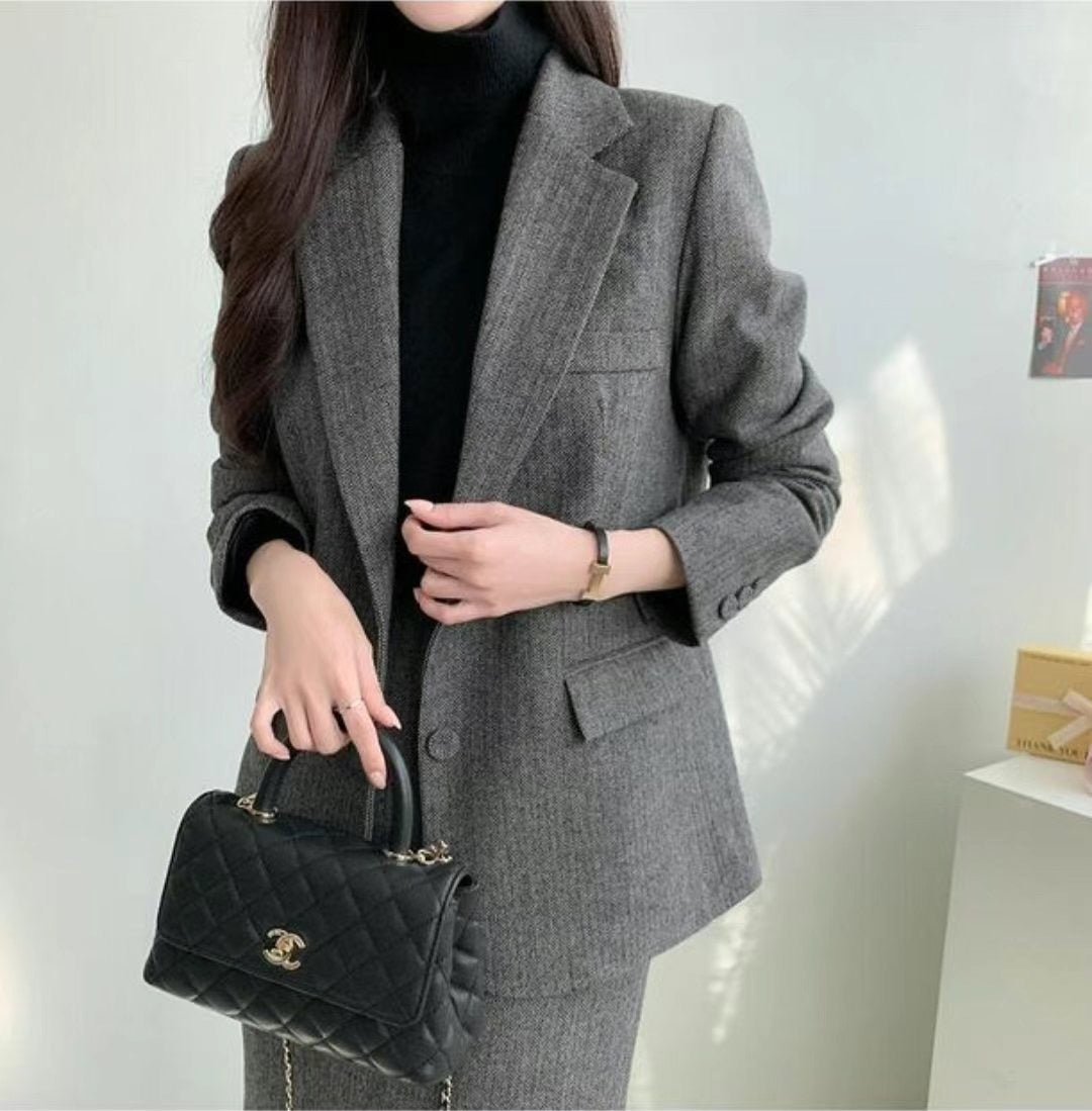 質感腰帶兩件式毛料西裝裙套裝|SUIT241106