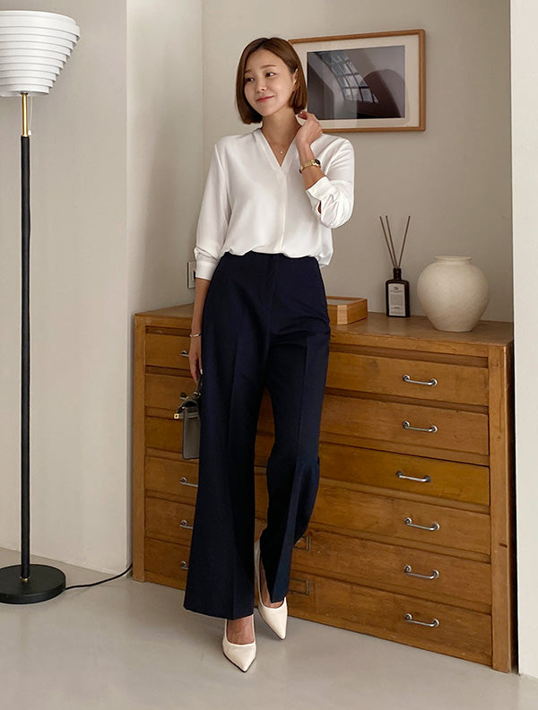 Lena Shirt 簡約v領素色長袖上衣,TOP040701