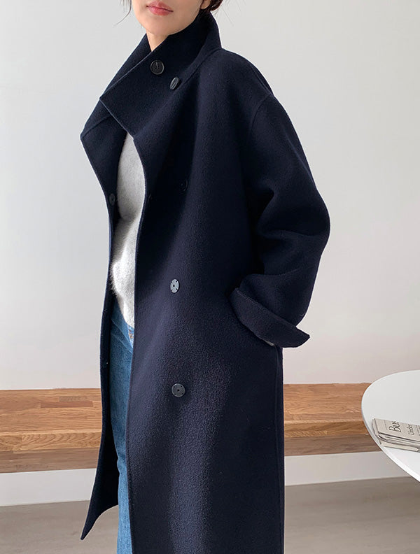 Hand made羊毛大衣. 高領大衣 midnight navy |HM241102
