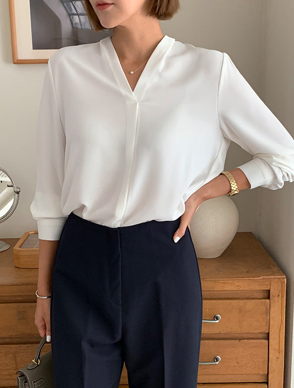 Lena Shirt 簡約v領素色長袖上衣,TOP040701