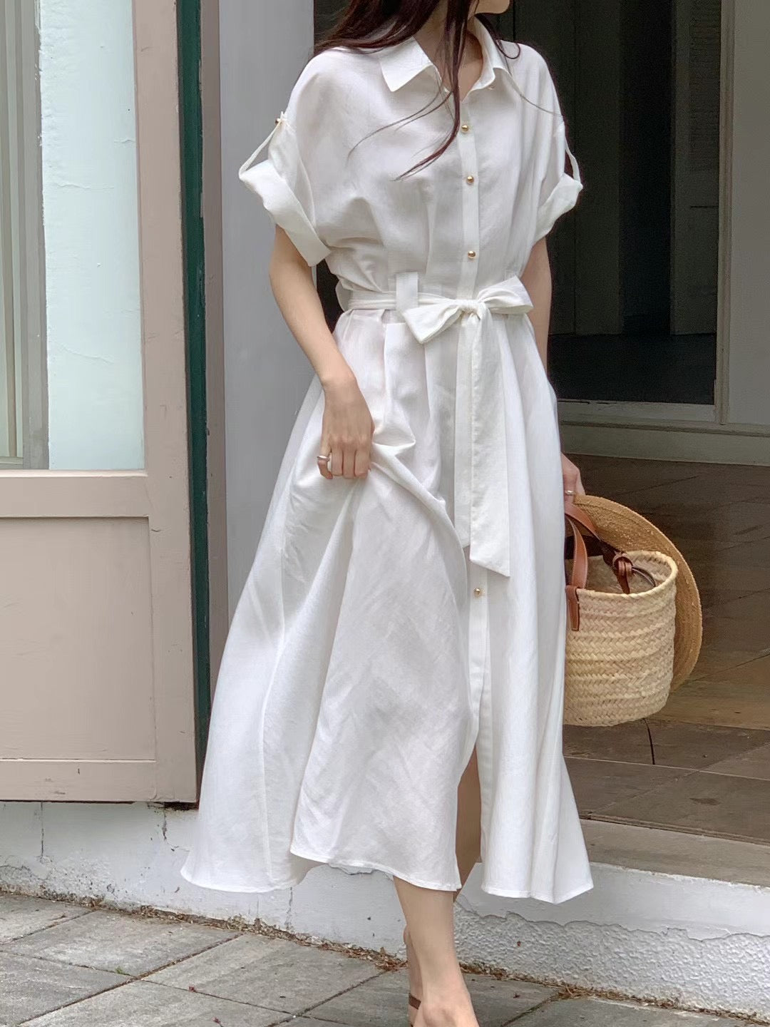 Vacay 簡約金扣腰帶飄逸襯衫式洋裝,Dr051701