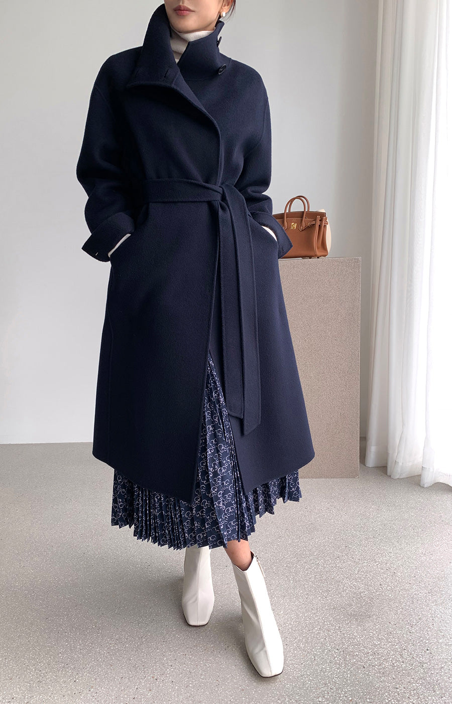 Hand made羊毛大衣. 高領大衣 midnight navy |HM241102