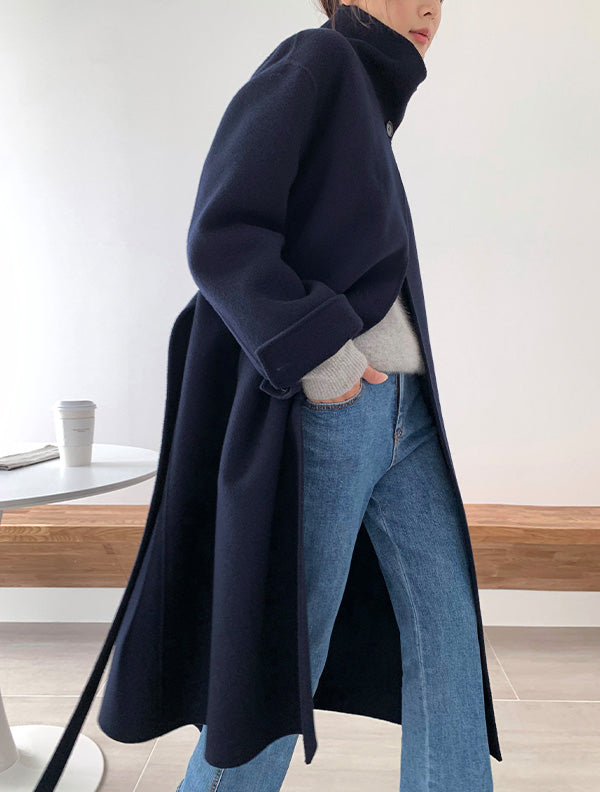 Hand made羊毛大衣. 高領大衣 midnight navy |HM241102