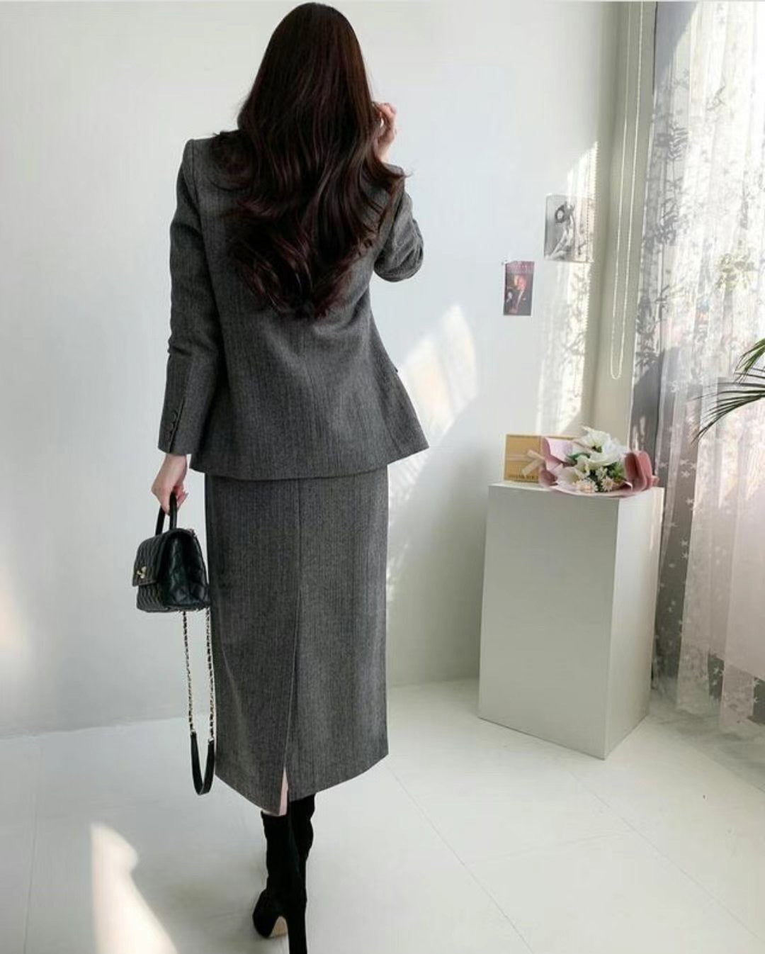 質感腰帶兩件式毛料西裝裙套裝|SUIT241106