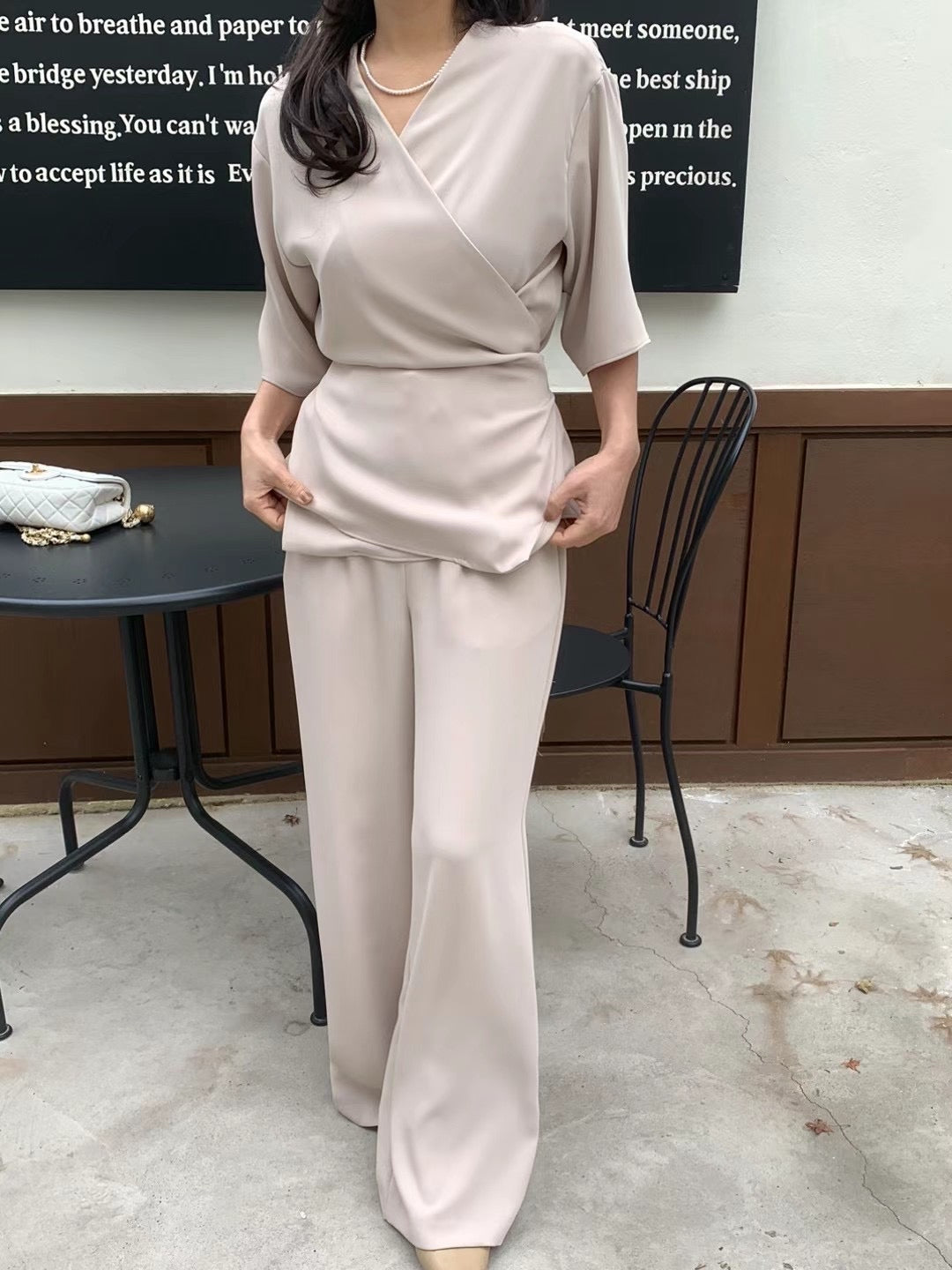 Lady boss V領交叉綁帶質感兩件式套裝,set01112