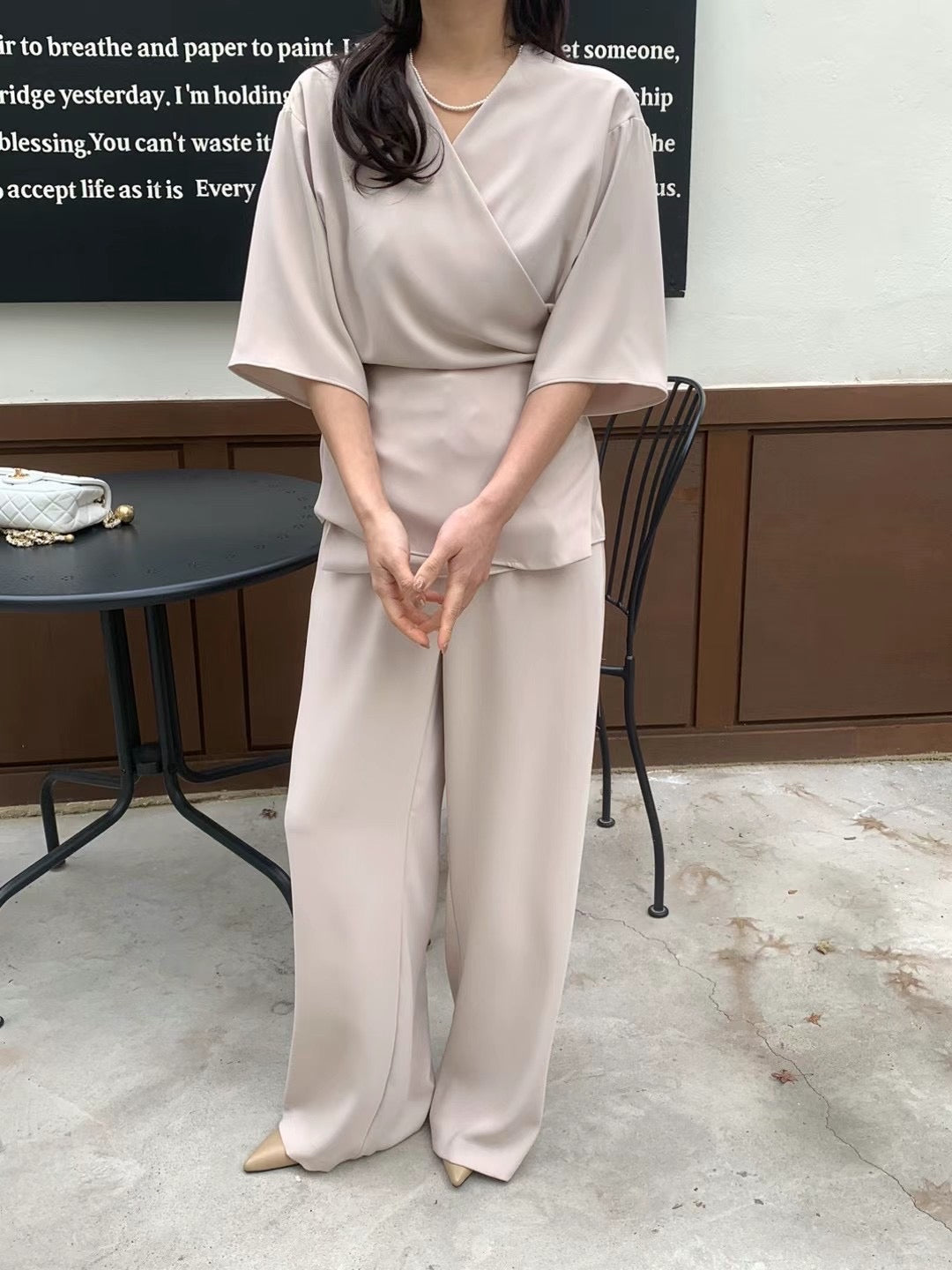 Lady boss V領交叉綁帶質感兩件式套裝,set01112