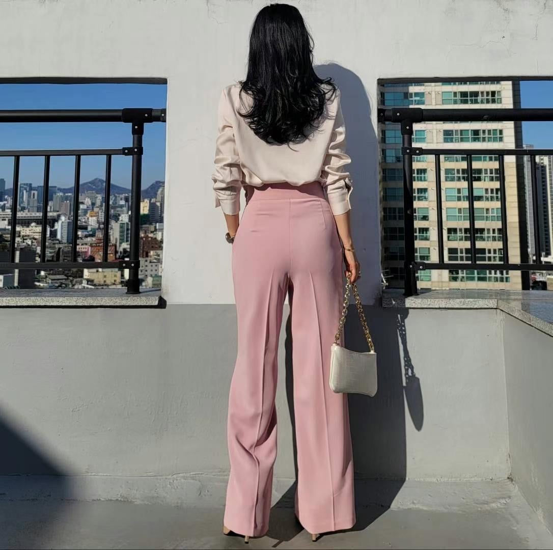 Spring vibe 側拉鍊腰壓折高腰直筒西裝褲,pt0202021