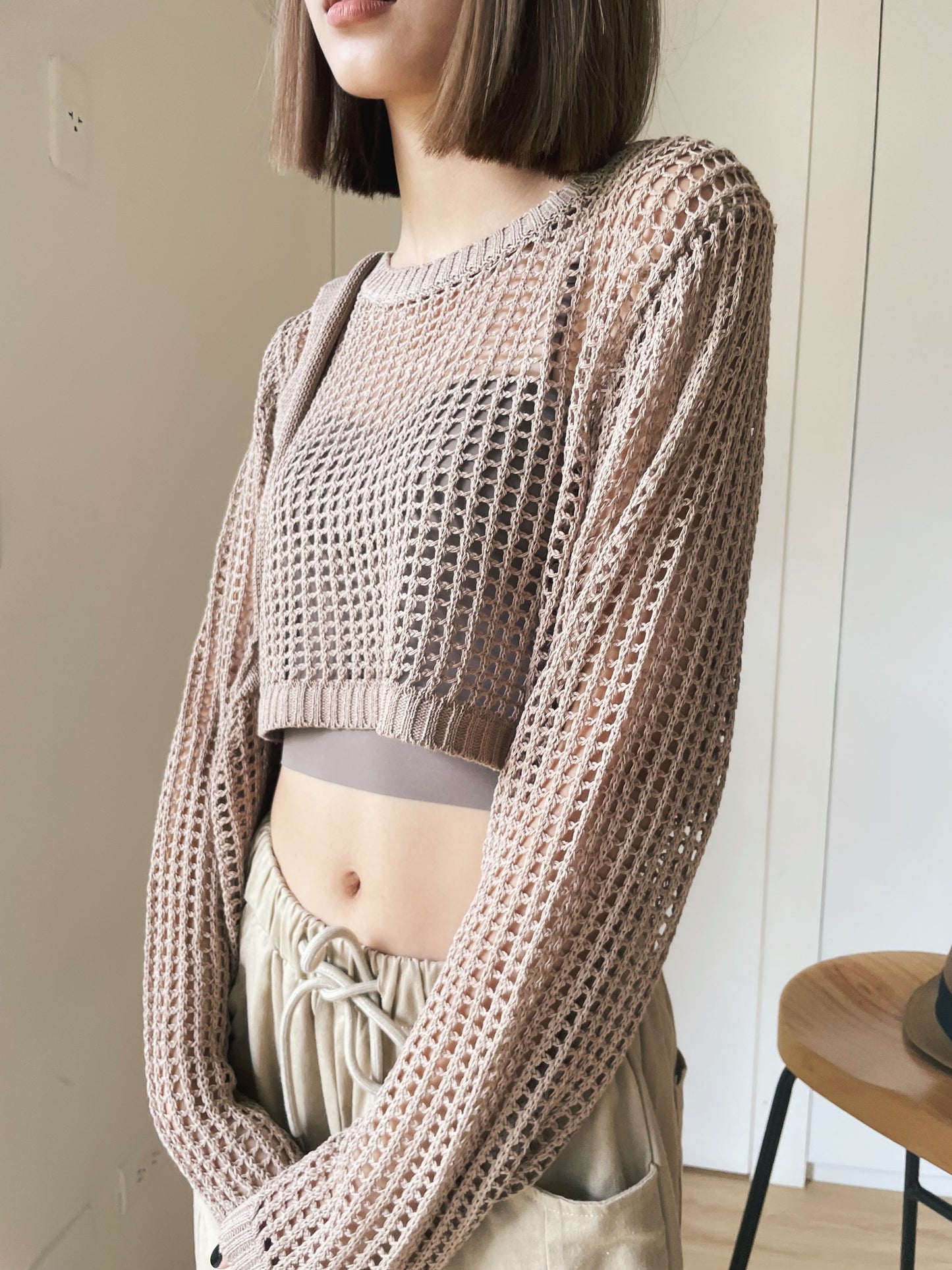 編織縷空洞洞附袋針織上衣,top082106