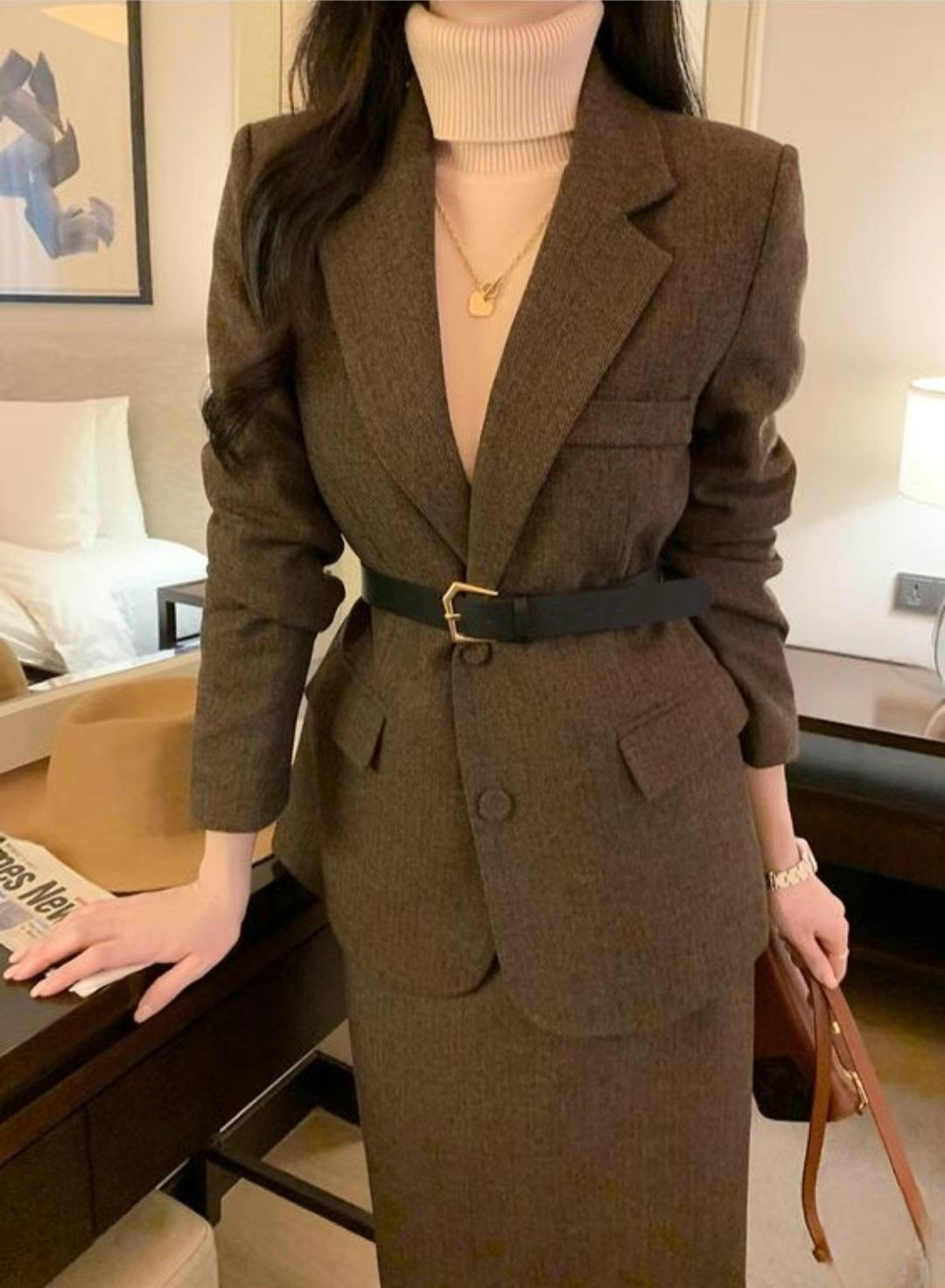 質感腰帶兩件式毛料西裝裙套裝|SUIT241106
