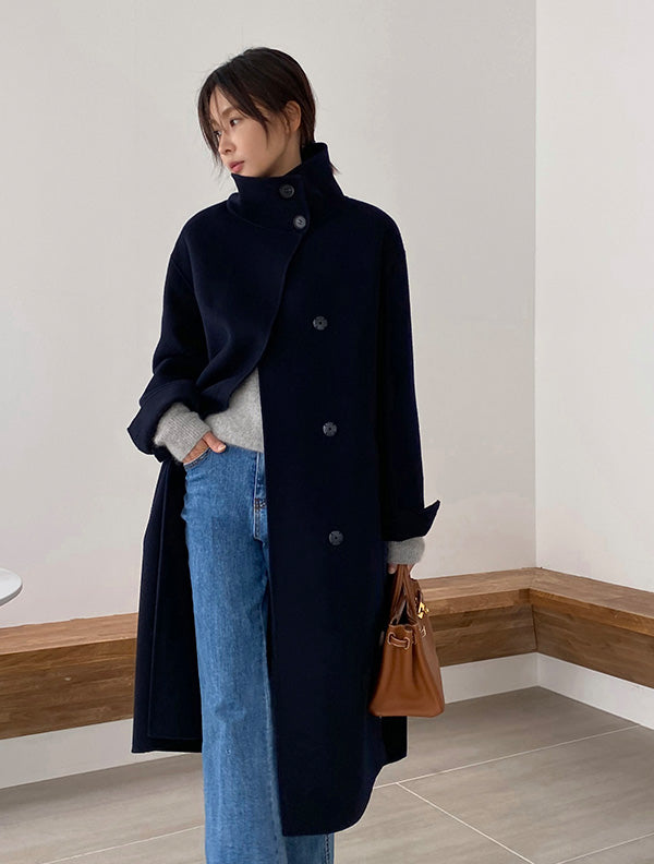 Hand made羊毛大衣. 高領大衣 midnight navy |HM241102