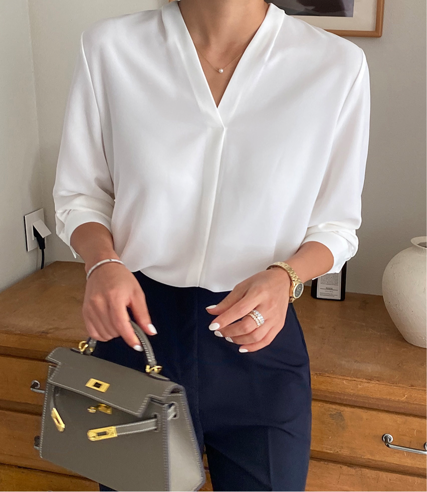 Lena Shirt 簡約v領素色長袖上衣,TOP040701