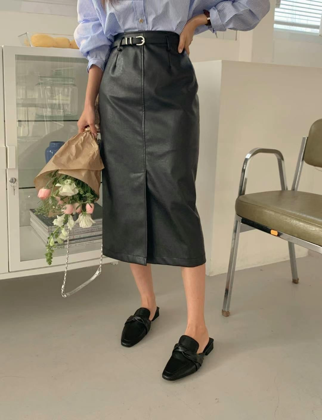 Ready for tonight!細皮帶個性前開叉鉛筆窄裙皮裙 ,Sk01119