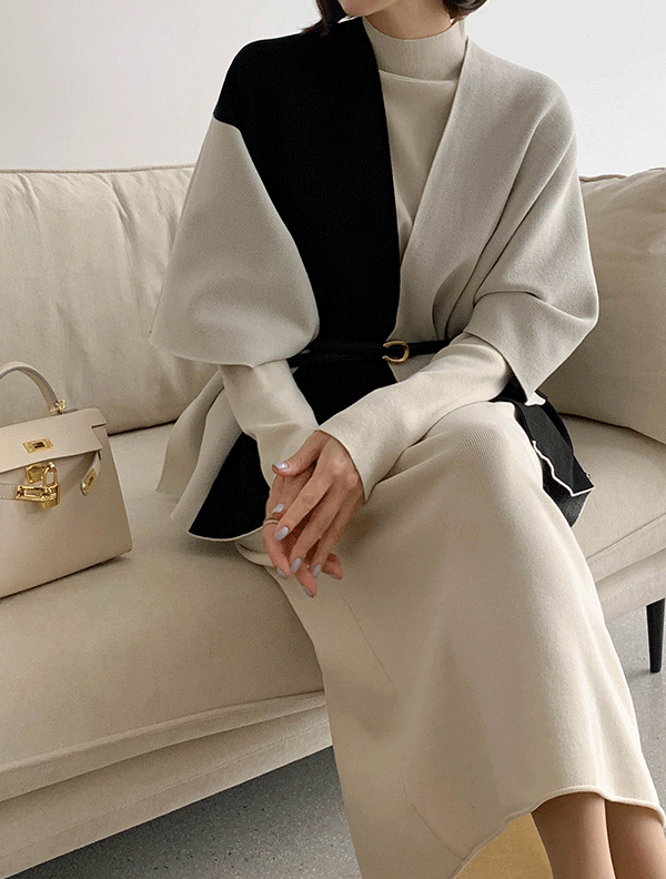 摩登撞色針織披肩套裝洋裝|suit241105