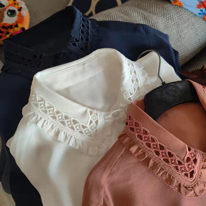 Silk 緹花領垂墜感雙皺蠶絲長袖襯衫,SK0012