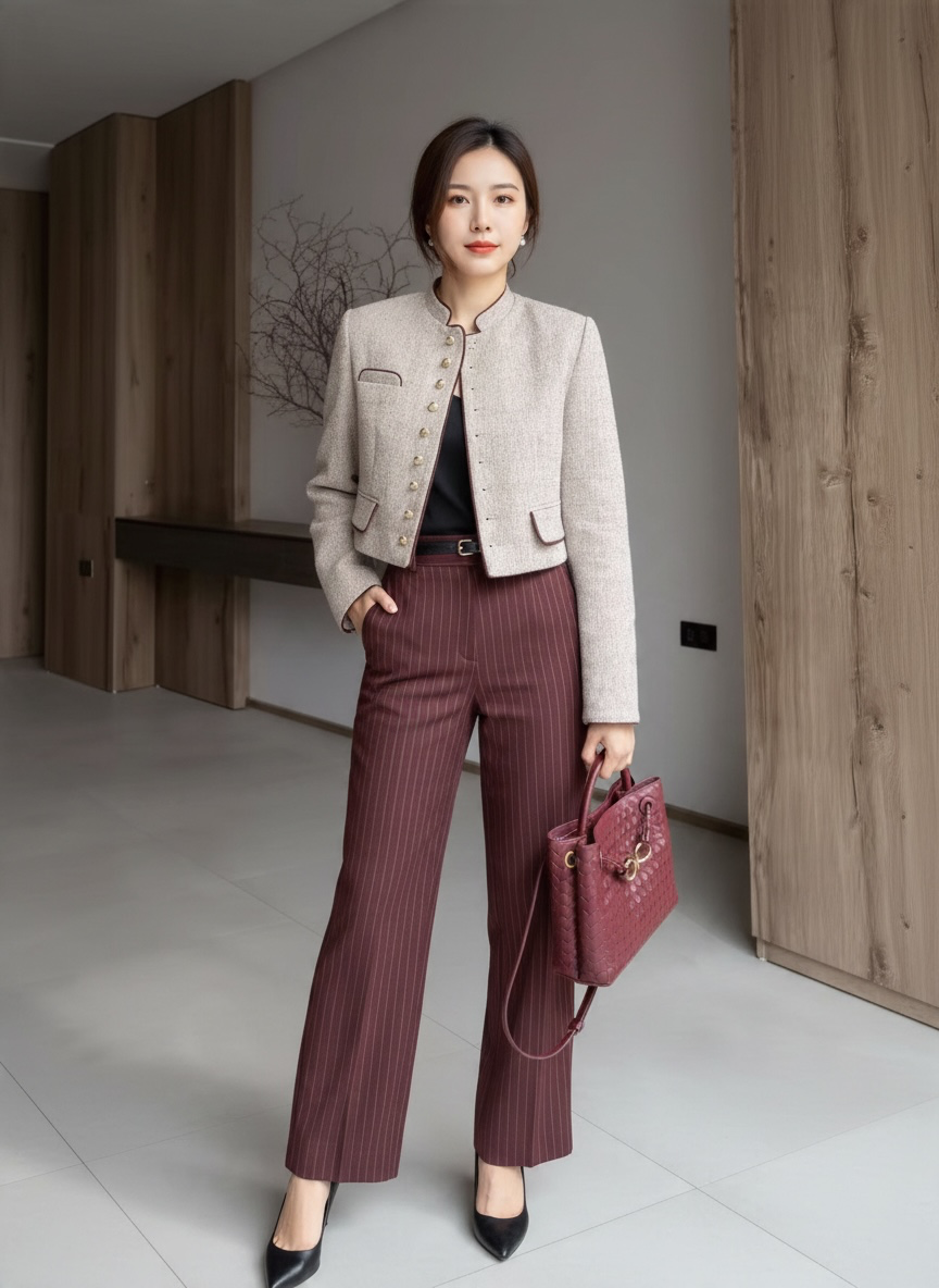 Vivian 高級羊毛粗花呢立領短版外套｜撞色滾邊. 單排扣