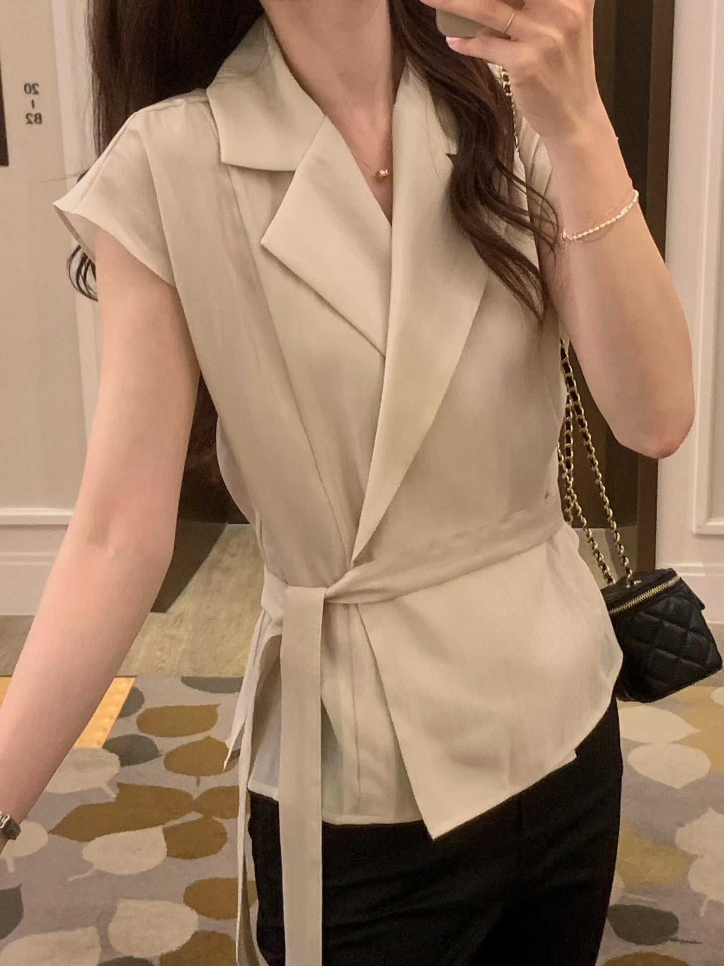 Sophisticated | 西裝領一片式繫帶短袖襯衫上衣Tailored Wrap Blouse with Belt 072202