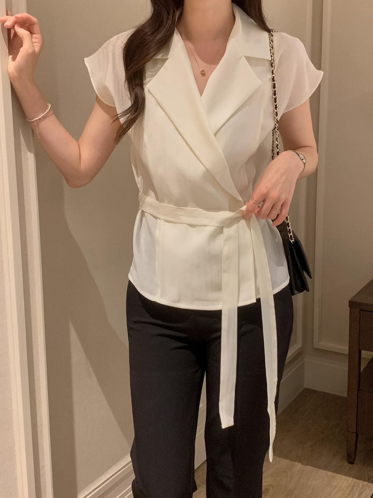 Sophisticated | 西裝領一片式繫帶短袖襯衫上衣Tailored Wrap Blouse with Belt 072202