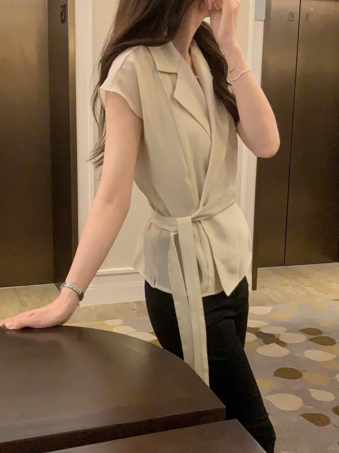 Sophisticated | 西裝領一片式繫帶短袖襯衫上衣Tailored Wrap Blouse with Belt 072202
