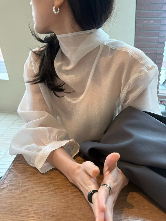 Tokyo lane | 透膚歐根紗泡泡袖高領襯衫 DCW2601015