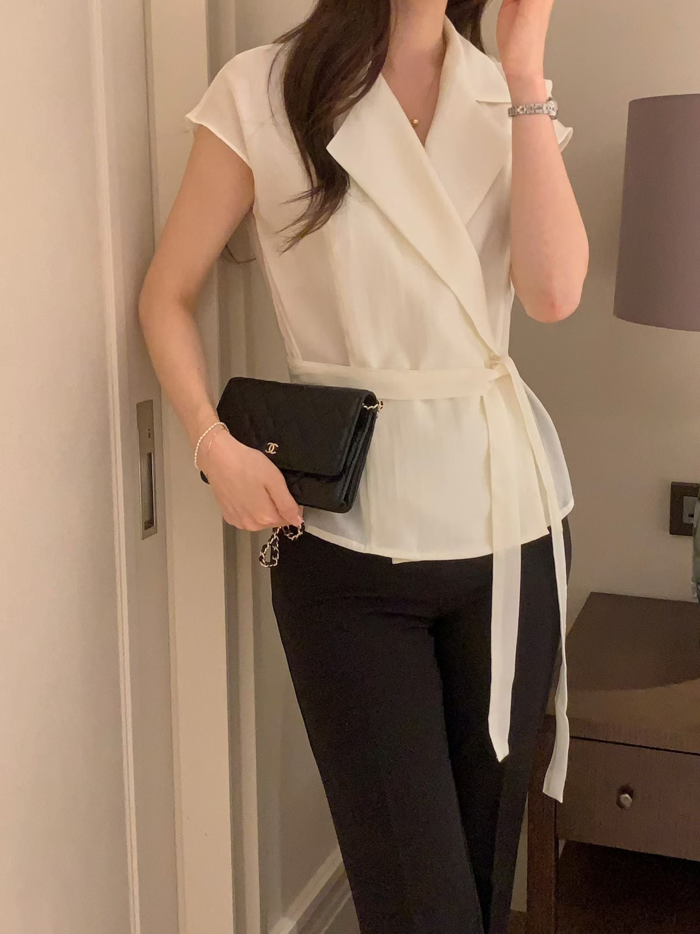 Sophisticated | 西裝領一片式繫帶短袖襯衫上衣Tailored Wrap Blouse with Belt 072202