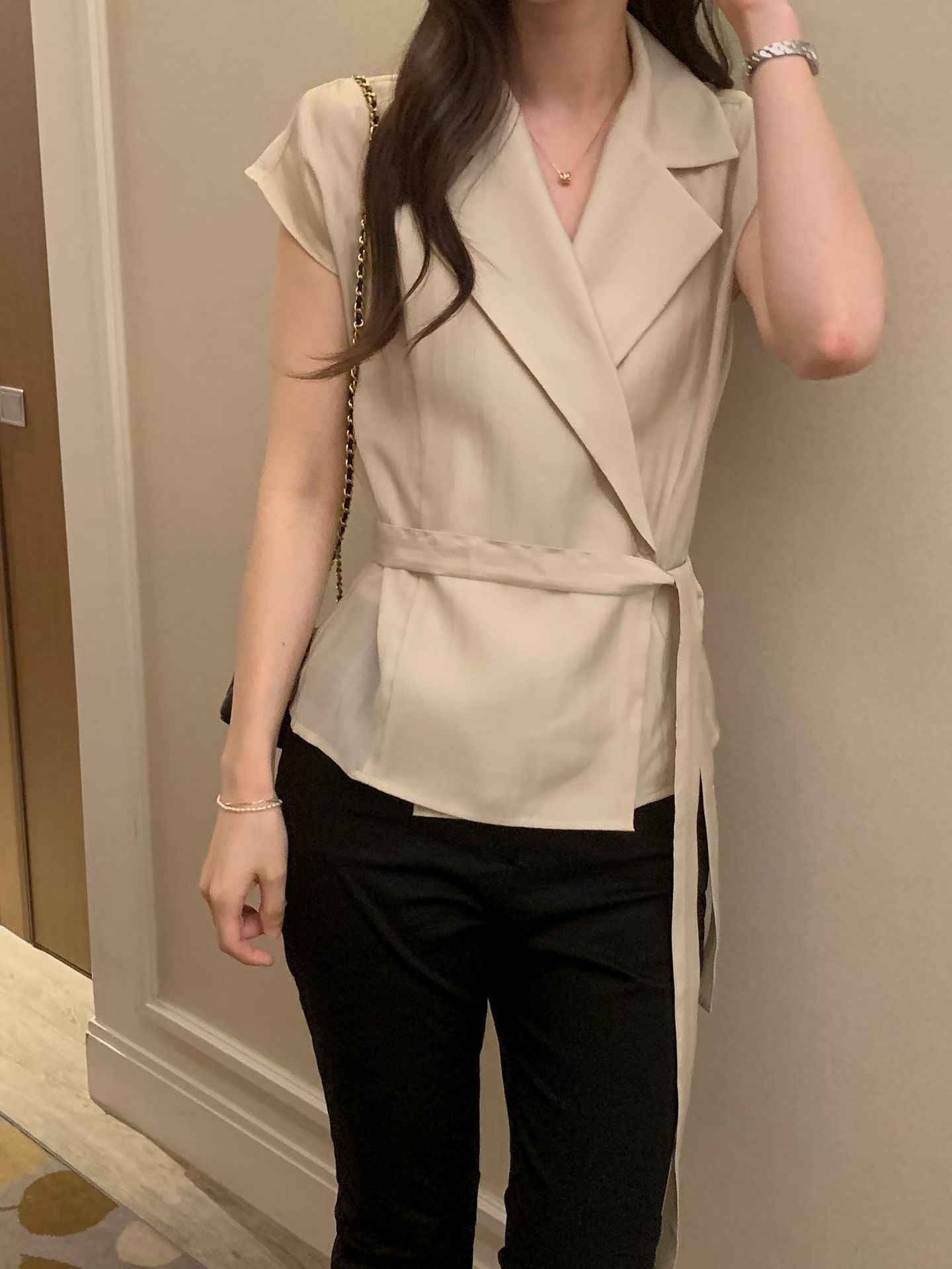 Sophisticated | 西裝領一片式繫帶短袖襯衫上衣Tailored Wrap Blouse with Belt 072202