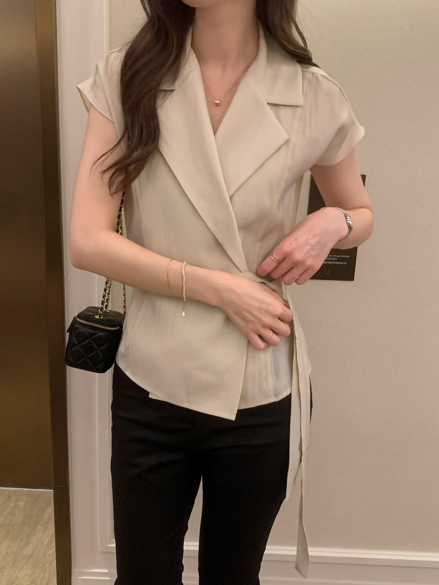 Sophisticated | 西裝領一片式繫帶短袖襯衫上衣Tailored Wrap Blouse with Belt 072202