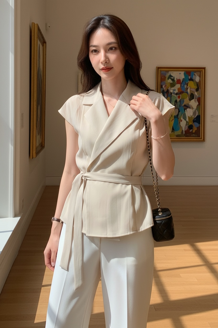 Sophisticated | 西裝領一片式繫帶短袖襯衫上衣Tailored Wrap Blouse with Belt 072202