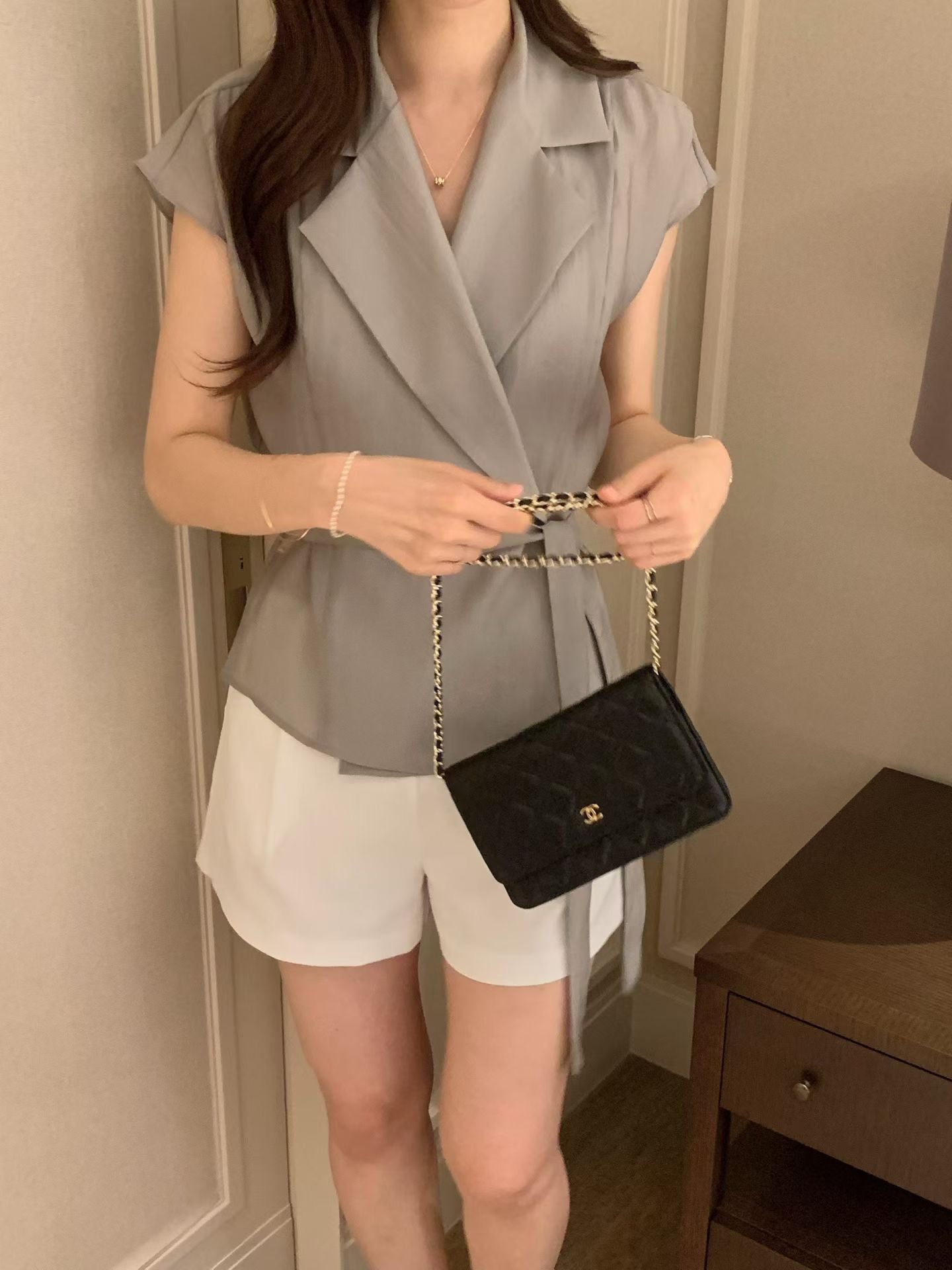 Sophisticated | 西裝領一片式繫帶短袖襯衫上衣Tailored Wrap Blouse with Belt 072202