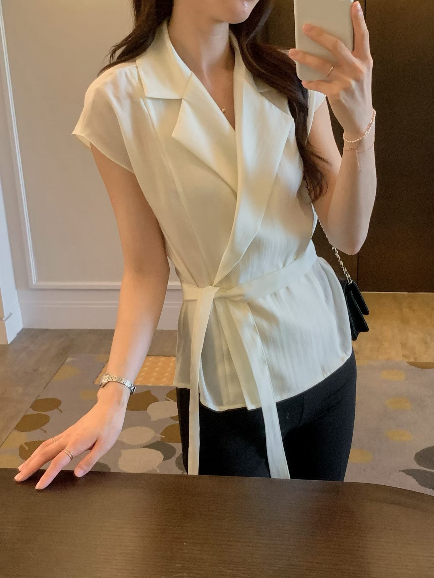 Sophisticated | 西裝領一片式繫帶短袖襯衫上衣Tailored Wrap Blouse with Belt 072202