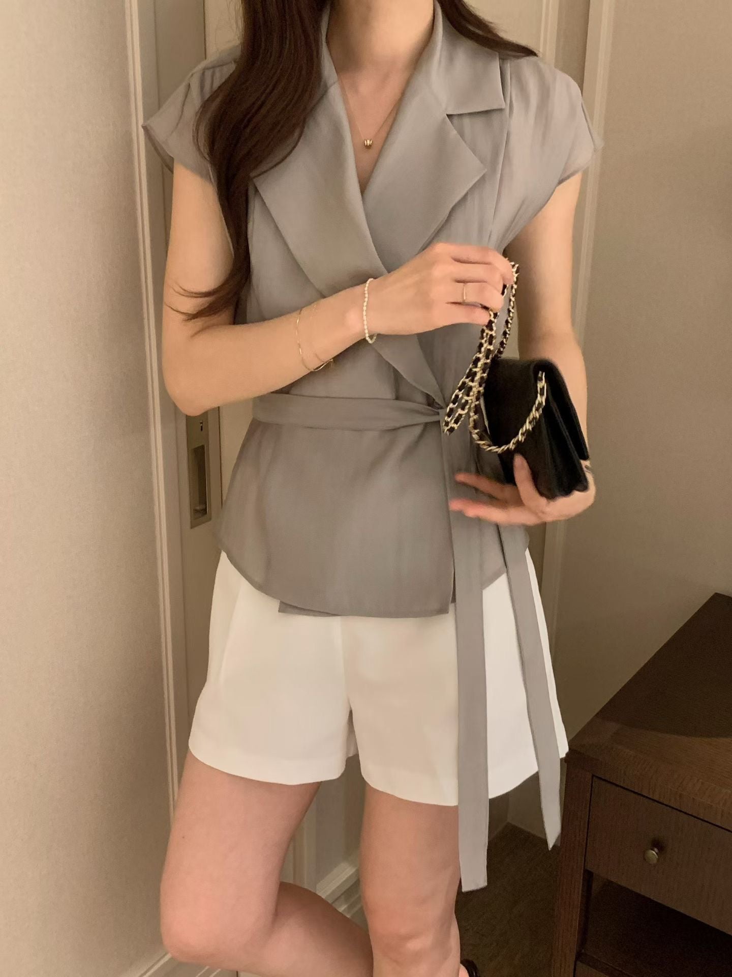 Sophisticated | 西裝領一片式繫帶短袖襯衫上衣Tailored Wrap Blouse with Belt 072202