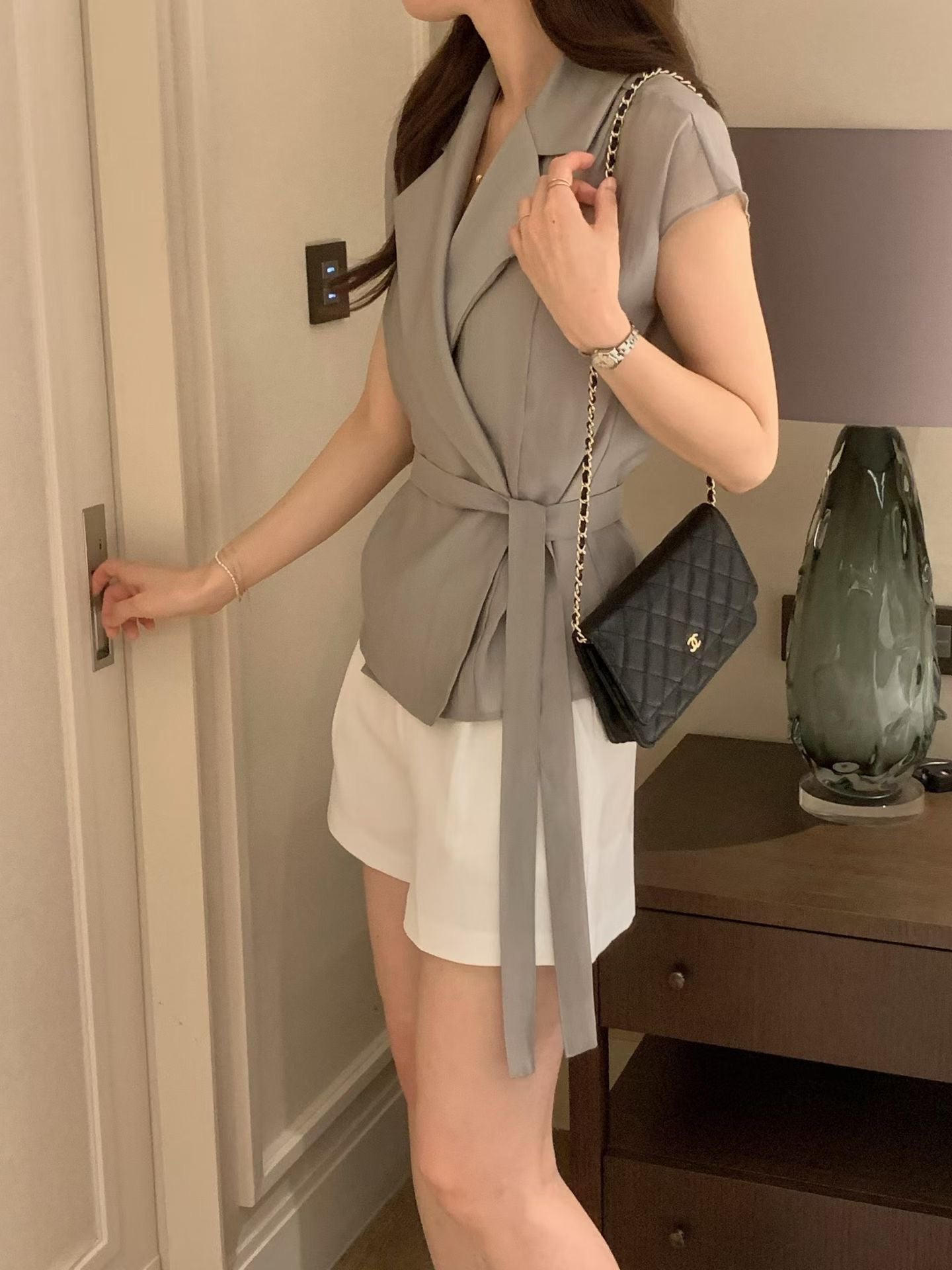 Sophisticated | 西裝領一片式繫帶短袖襯衫上衣Tailored Wrap Blouse with Belt 072202