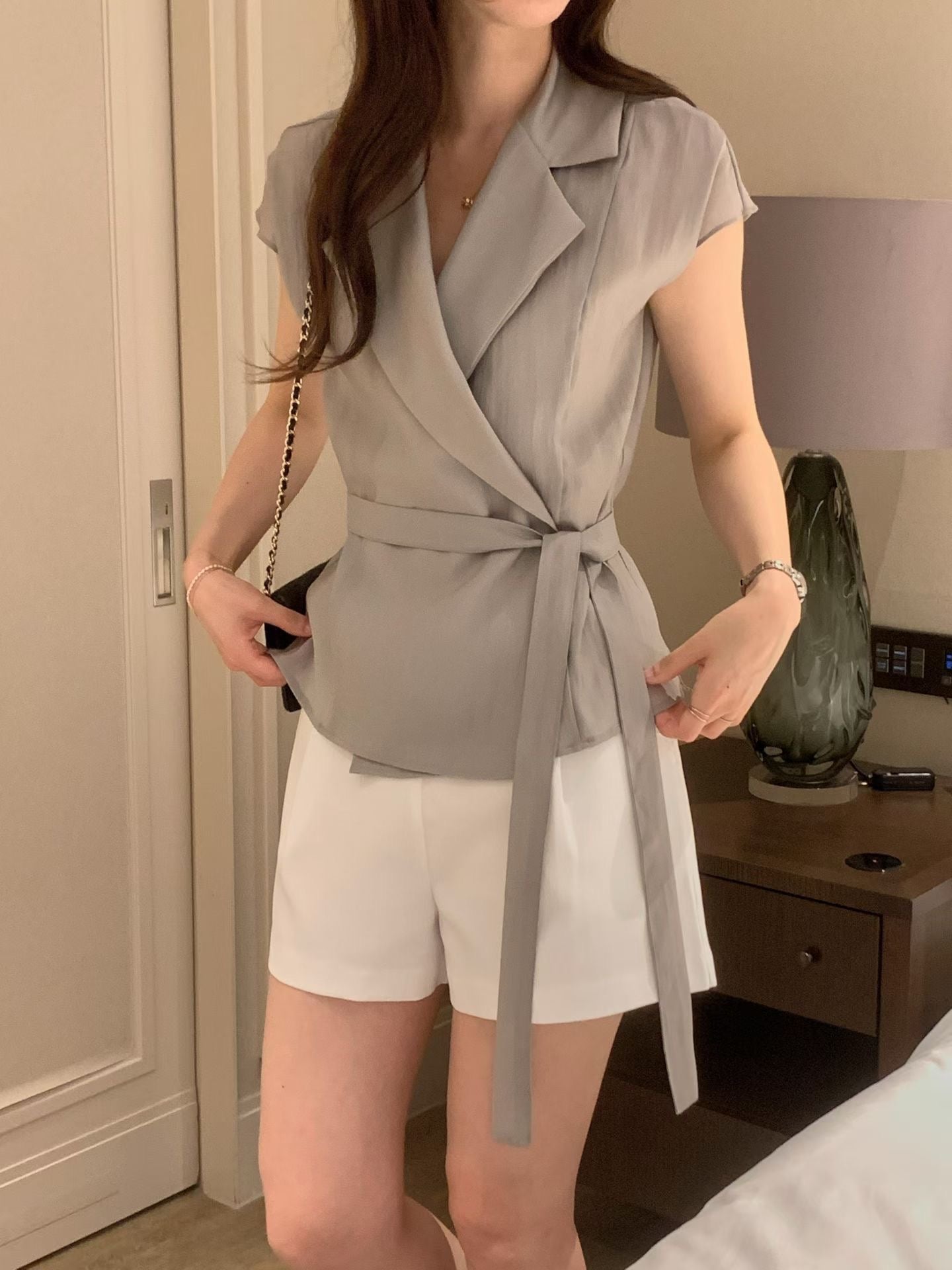 Sophisticated | 西裝領一片式繫帶短袖襯衫上衣Tailored Wrap Blouse with Belt 072202
